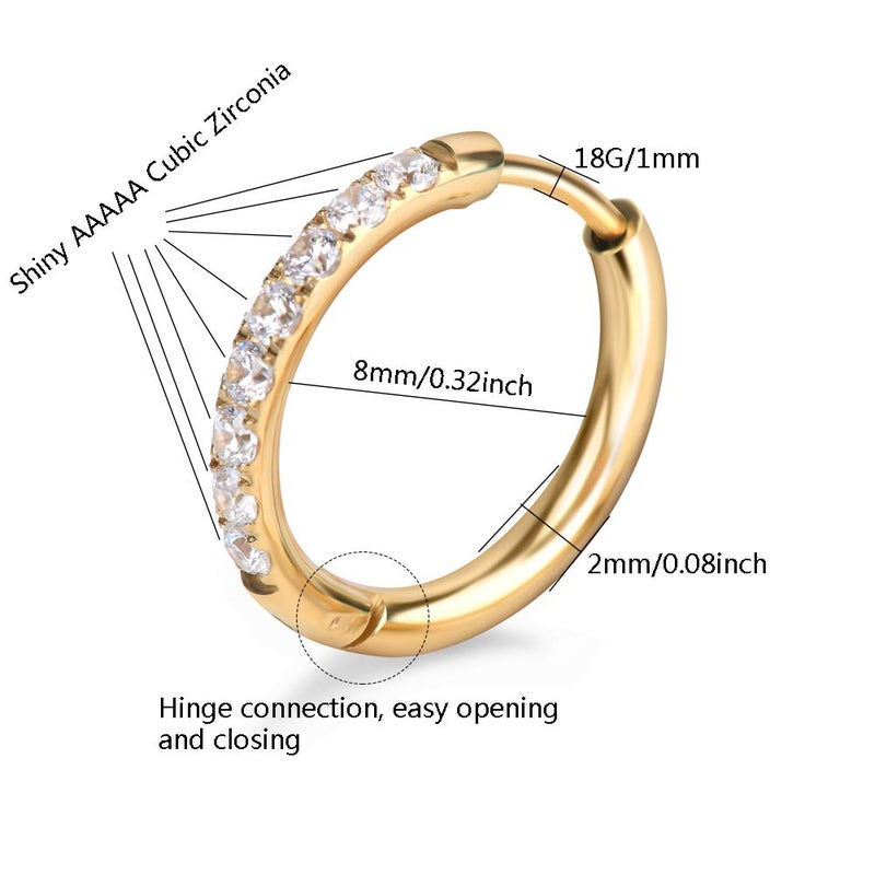 showself Rose Gold Cubic Zirconia Earrings, Small Cartilage Hoop Earring for Women Men 18G Stainless Steel Tragus Earring Forward Helix Earring Hypoallergenic Sensitive Ear Sleeper Earrings 8MM - Image 3